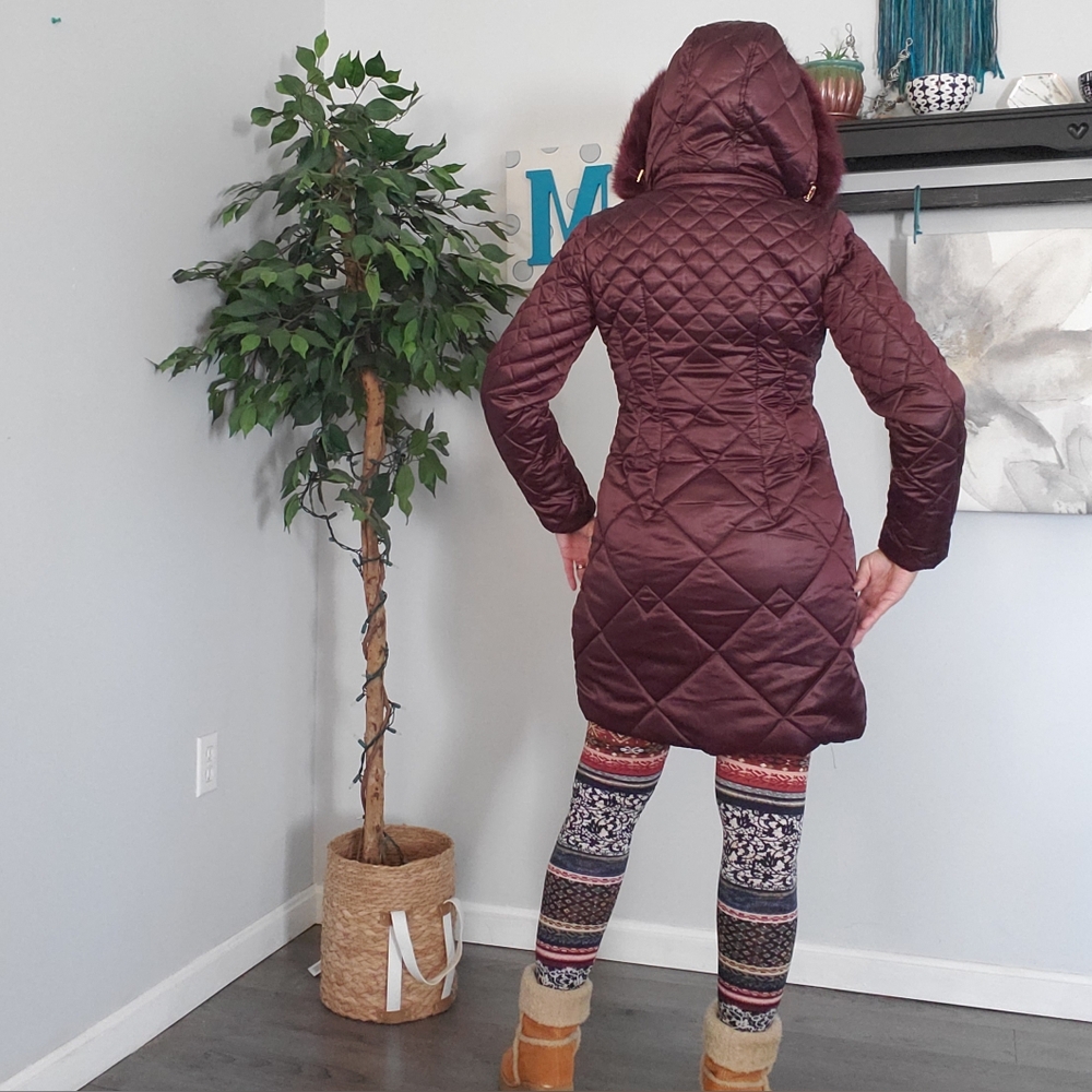 NWT ISAAC MIZRAHI burgundy faux fur puffer XXS - Picture 3 of 9